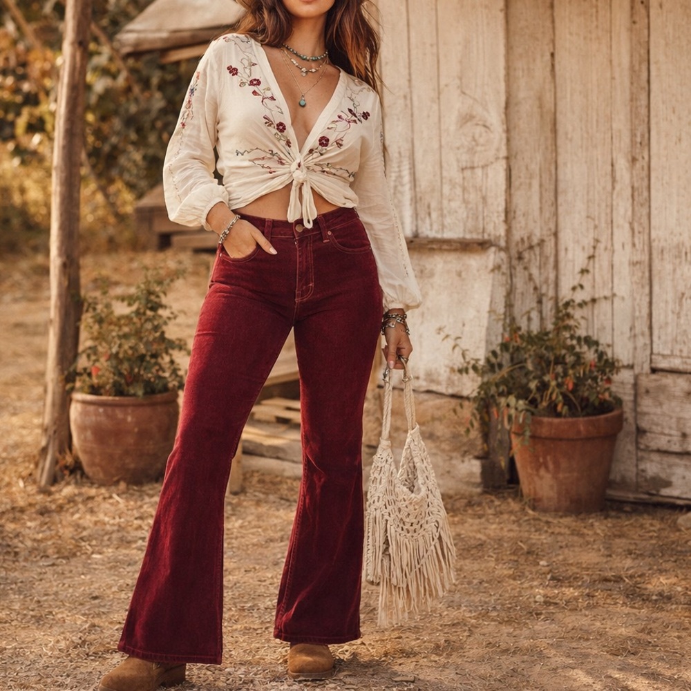 Hippie Vintage Burgundy Corduroy Flare Pants | Made USA | 70s Retro Bell Bottoms - Picture 2 of 8